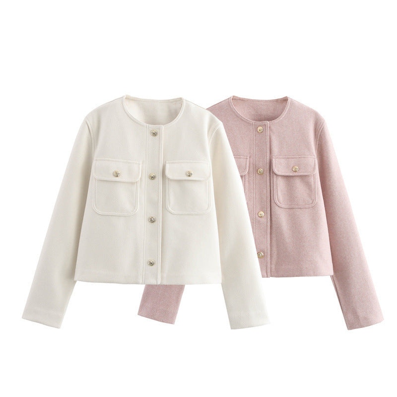 Crew Neck Pocket Decorative Jacket Coat