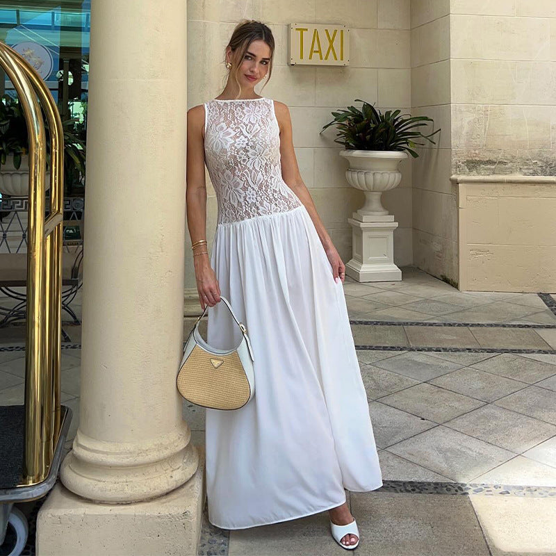 Patchwork Lace Long Sling Dress