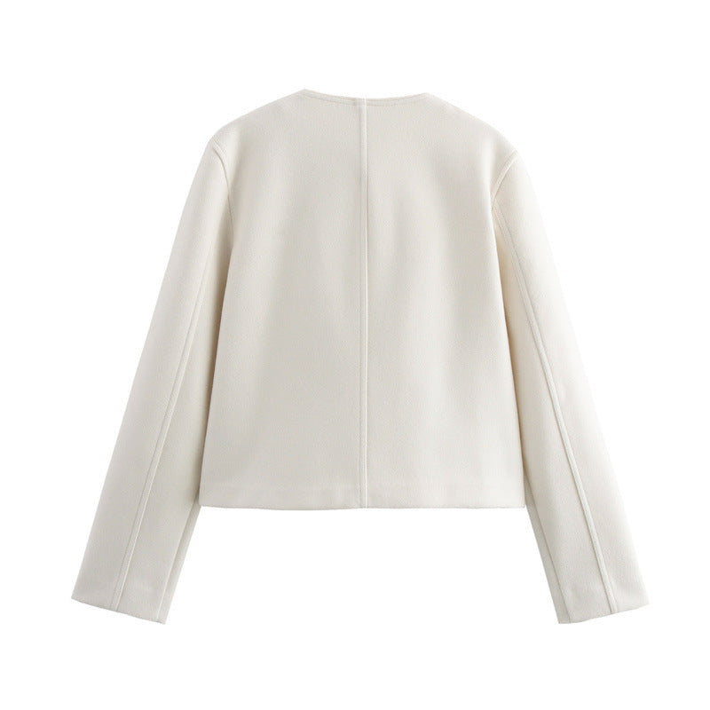 Crew Neck Pocket Decorative Jacket Coat