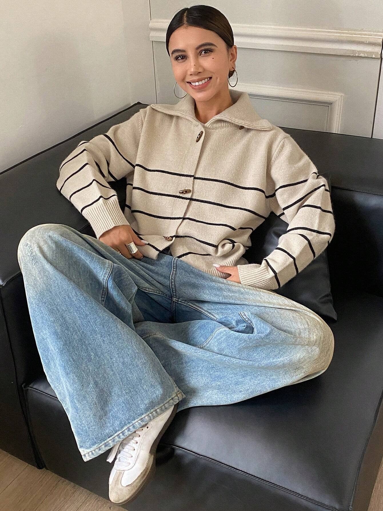 Striped High-Neck Cardigan