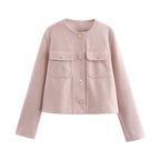 Crew Neck Pocket Decorative Jacket Coat