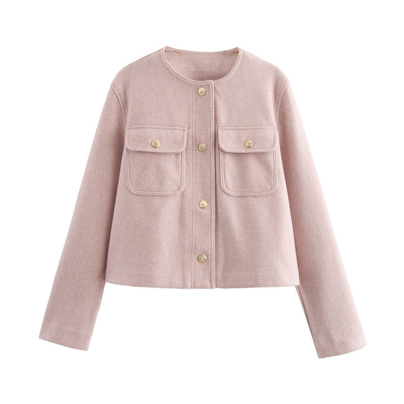 Crew Neck Pocket Decorative Jacket Coat