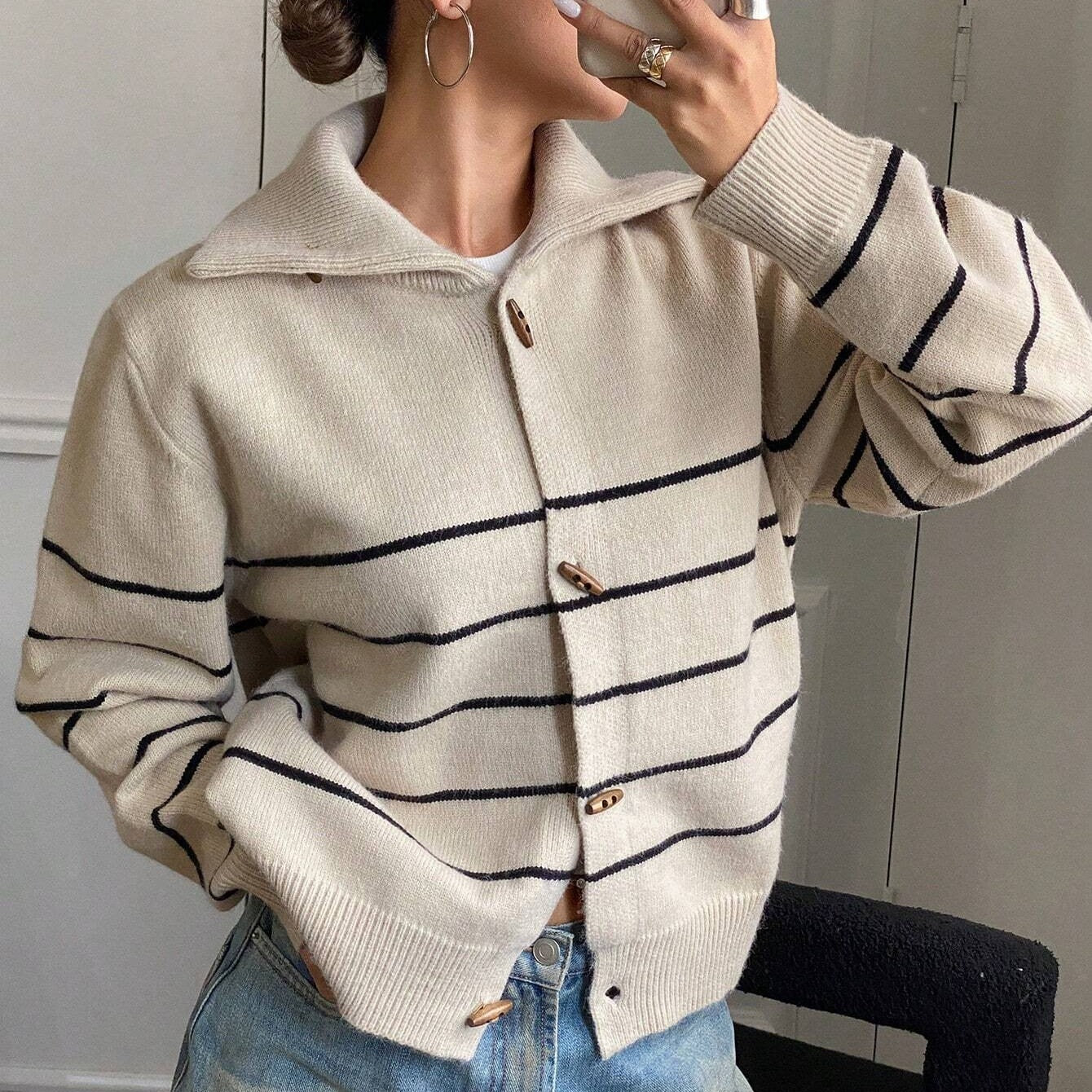 Striped High-Neck Cardigan