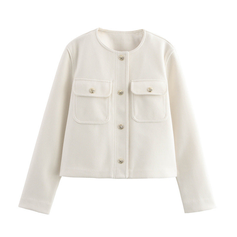 Crew Neck Pocket Decorative Jacket Coat