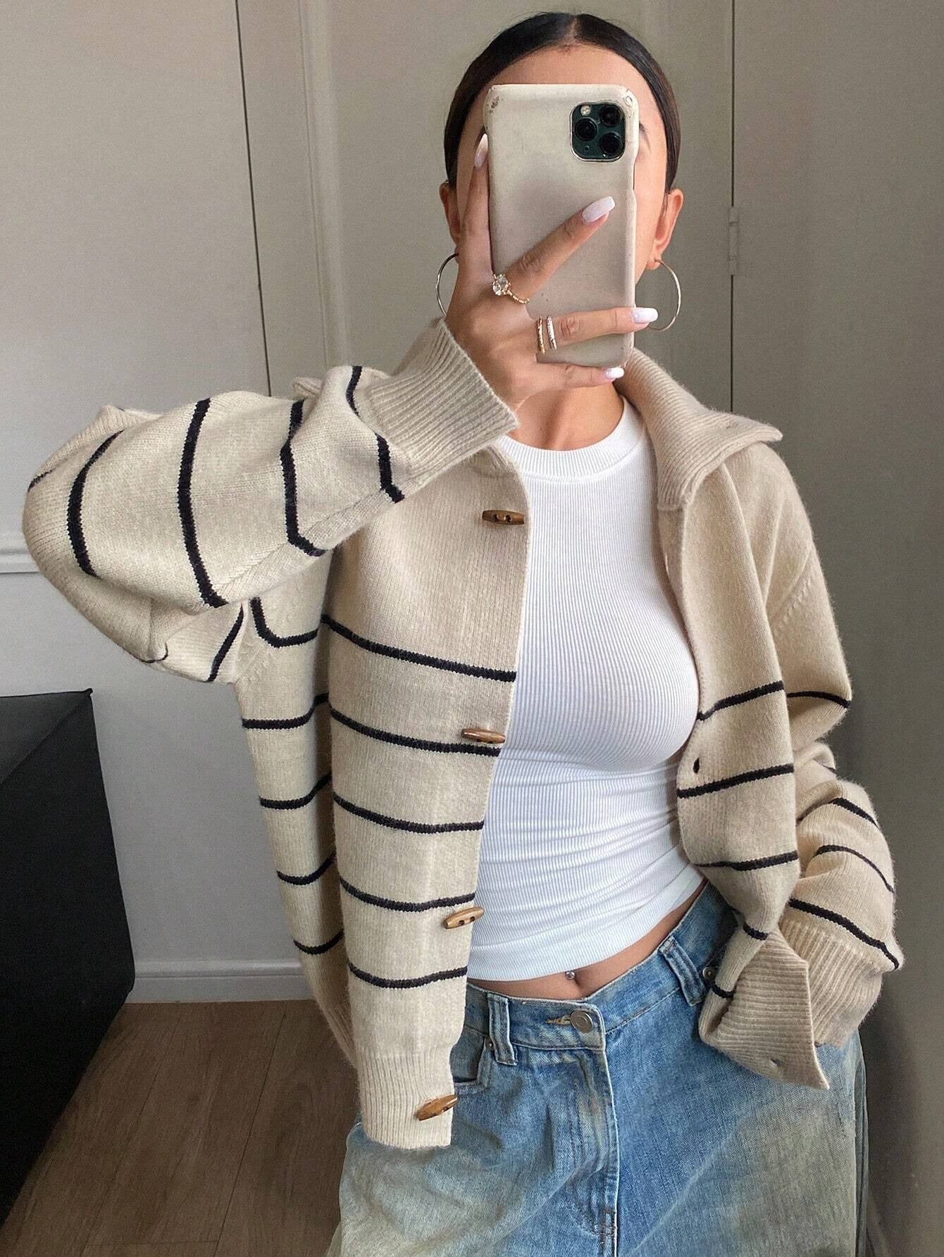Striped High-Neck Cardigan