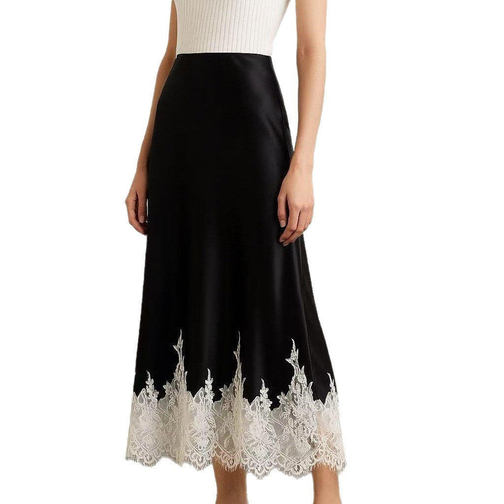 Mia Girl Satin A-line Lace Patchwork Skirt
