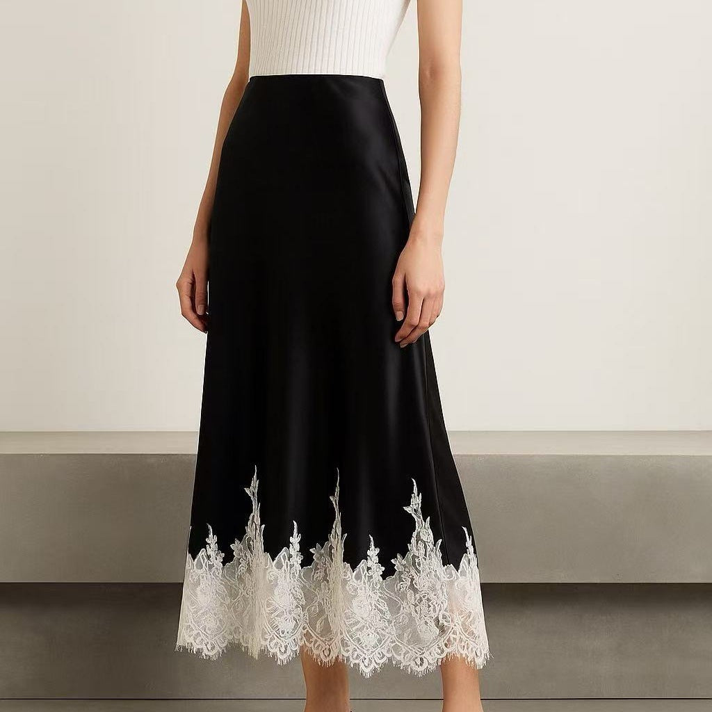 Mia Girl Satin A-line Lace Patchwork Skirt