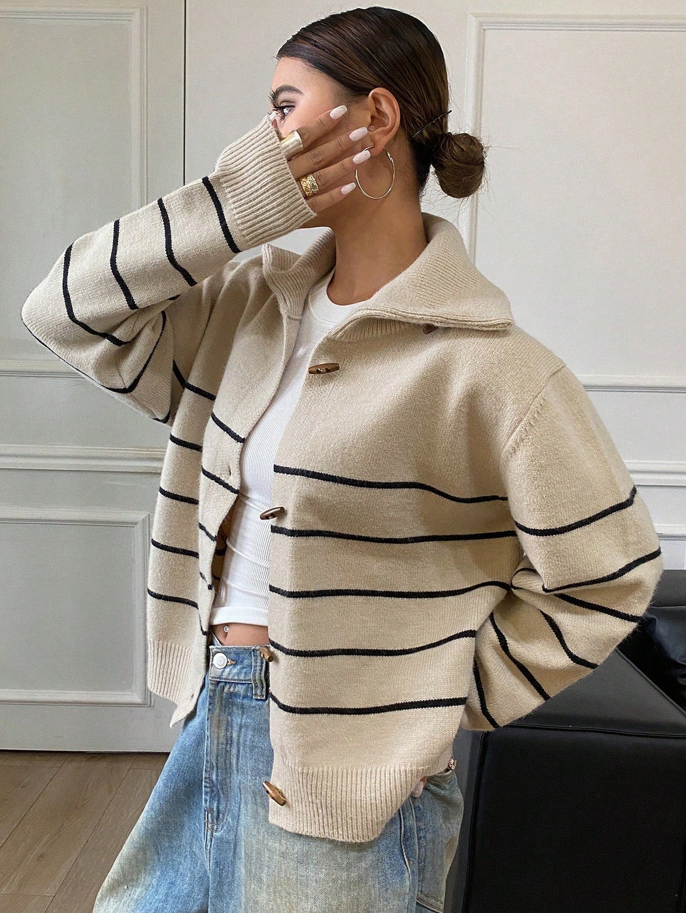 Striped High-Neck Cardigan