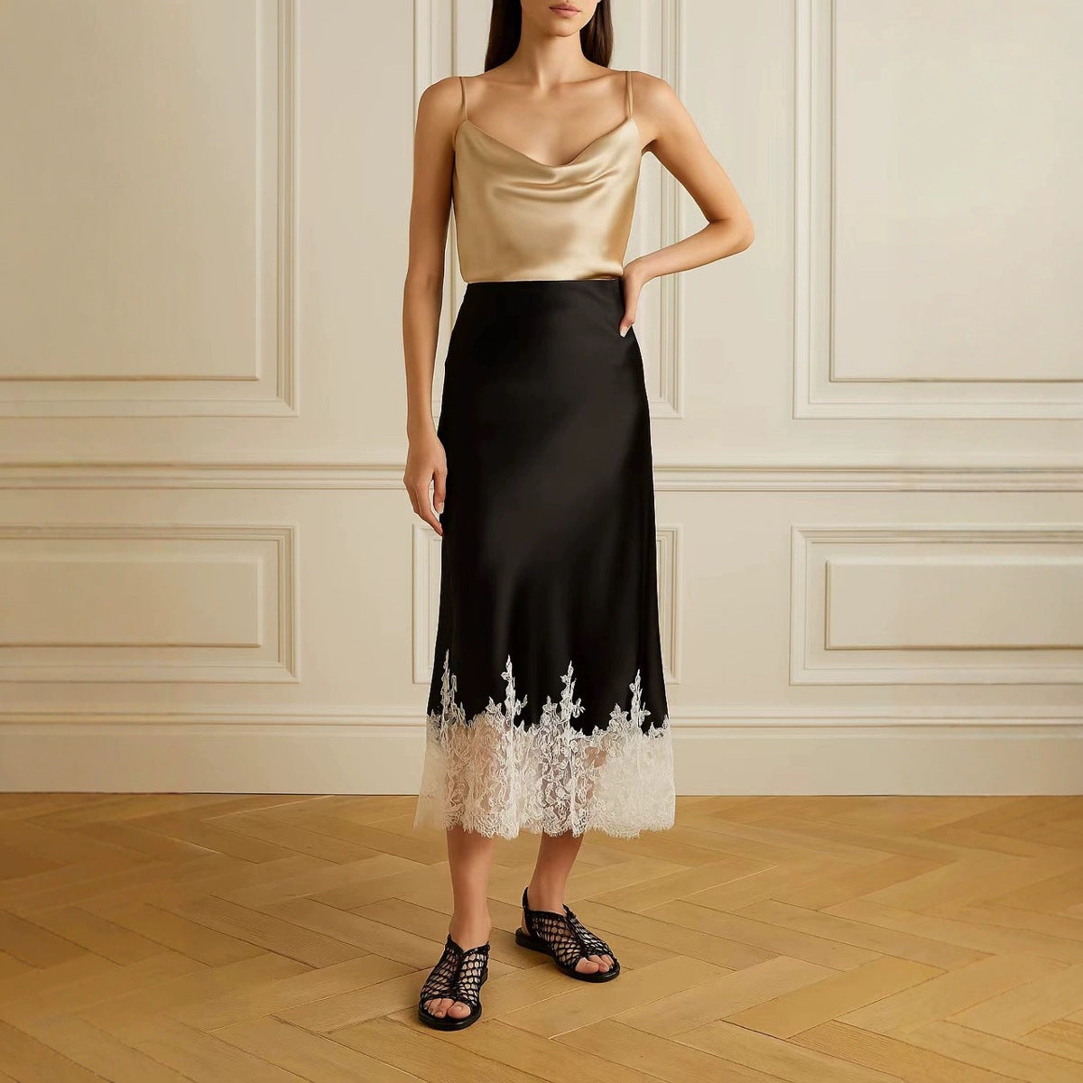 Mia Girl Satin A-line Lace Patchwork Skirt