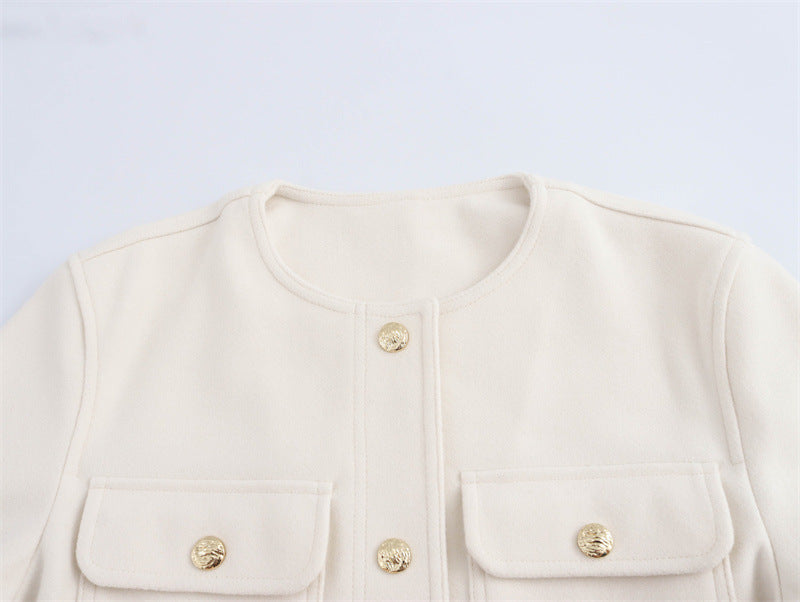 Crew Neck Pocket Decorative Jacket Coat