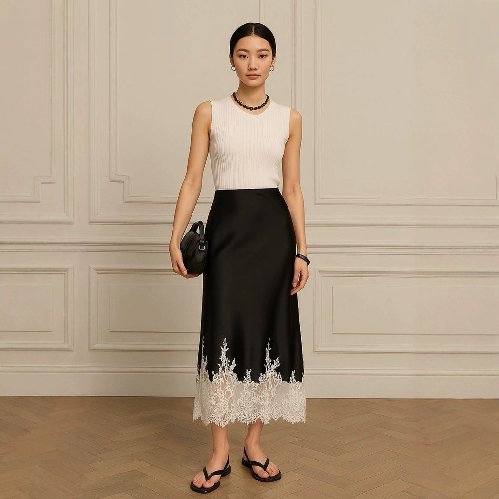 Mia Girl Satin A-line Lace Patchwork Skirt
