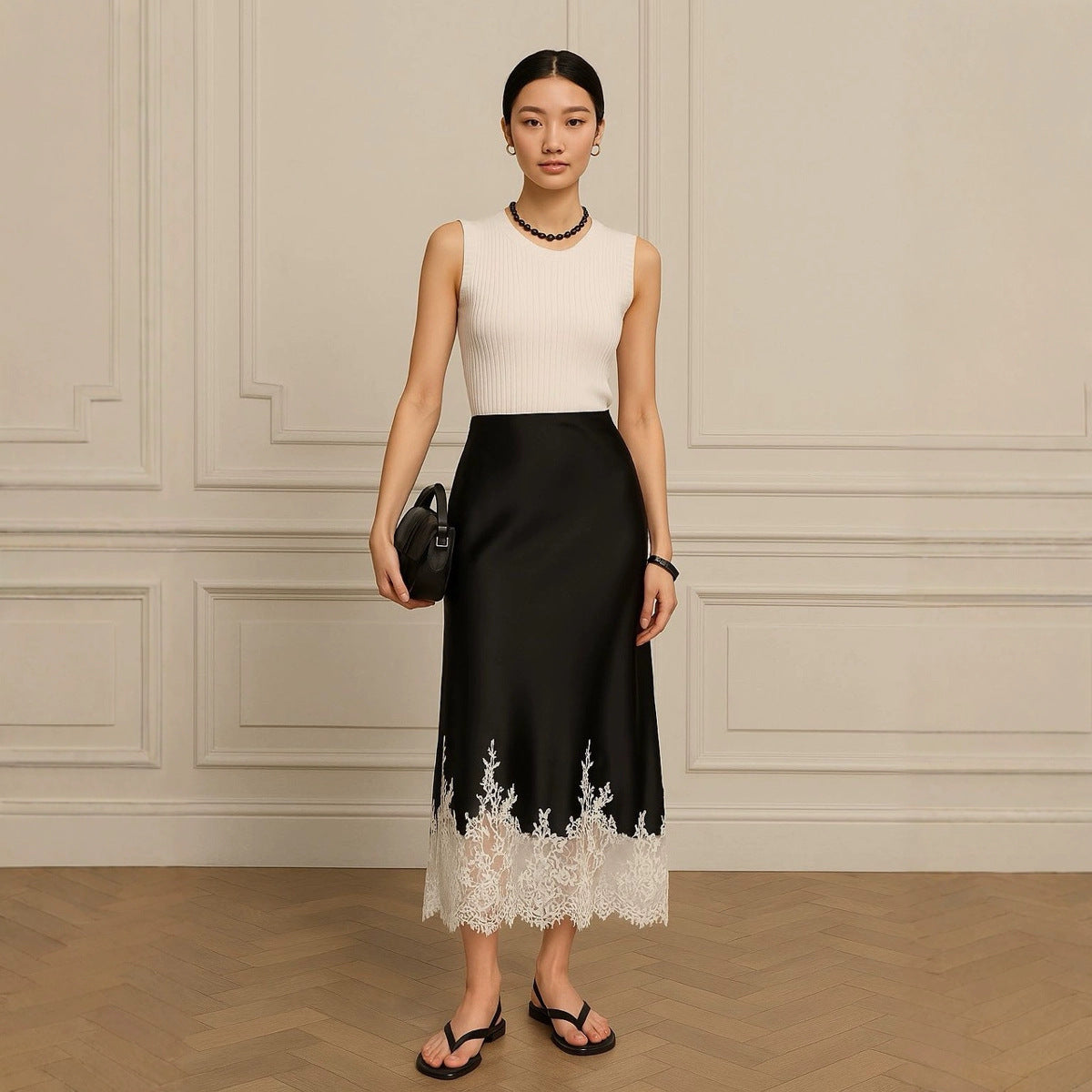Mia Girl Satin A-line Lace Patchwork Skirt