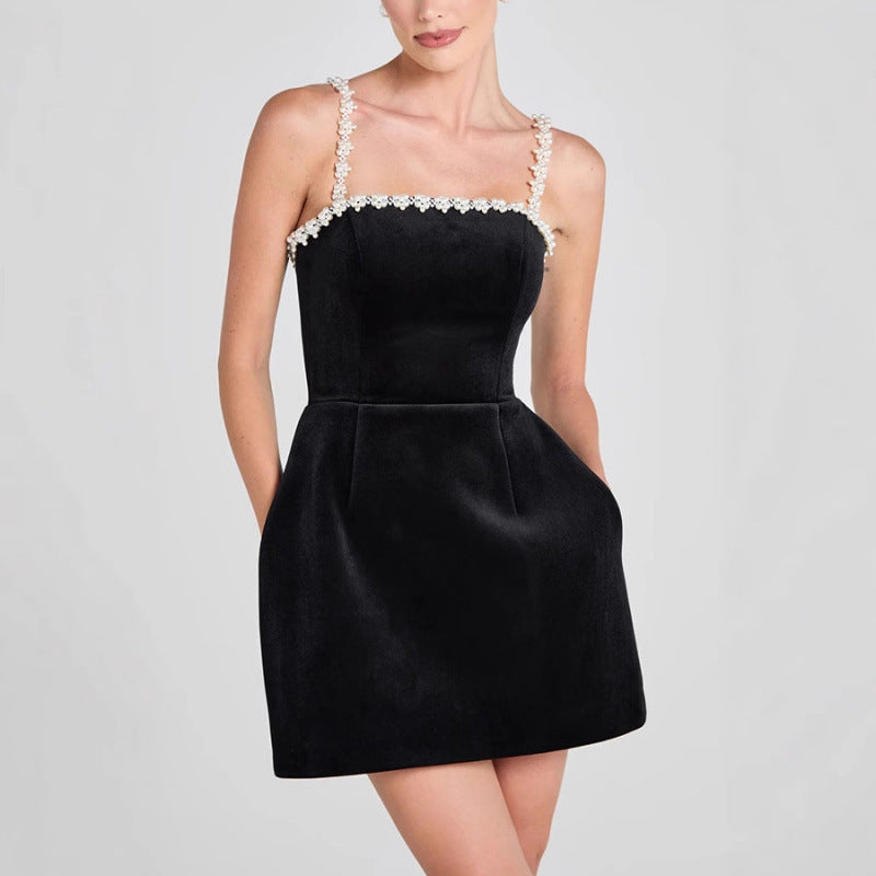 Venice Pearl-Strap Velvet A-Line Dress